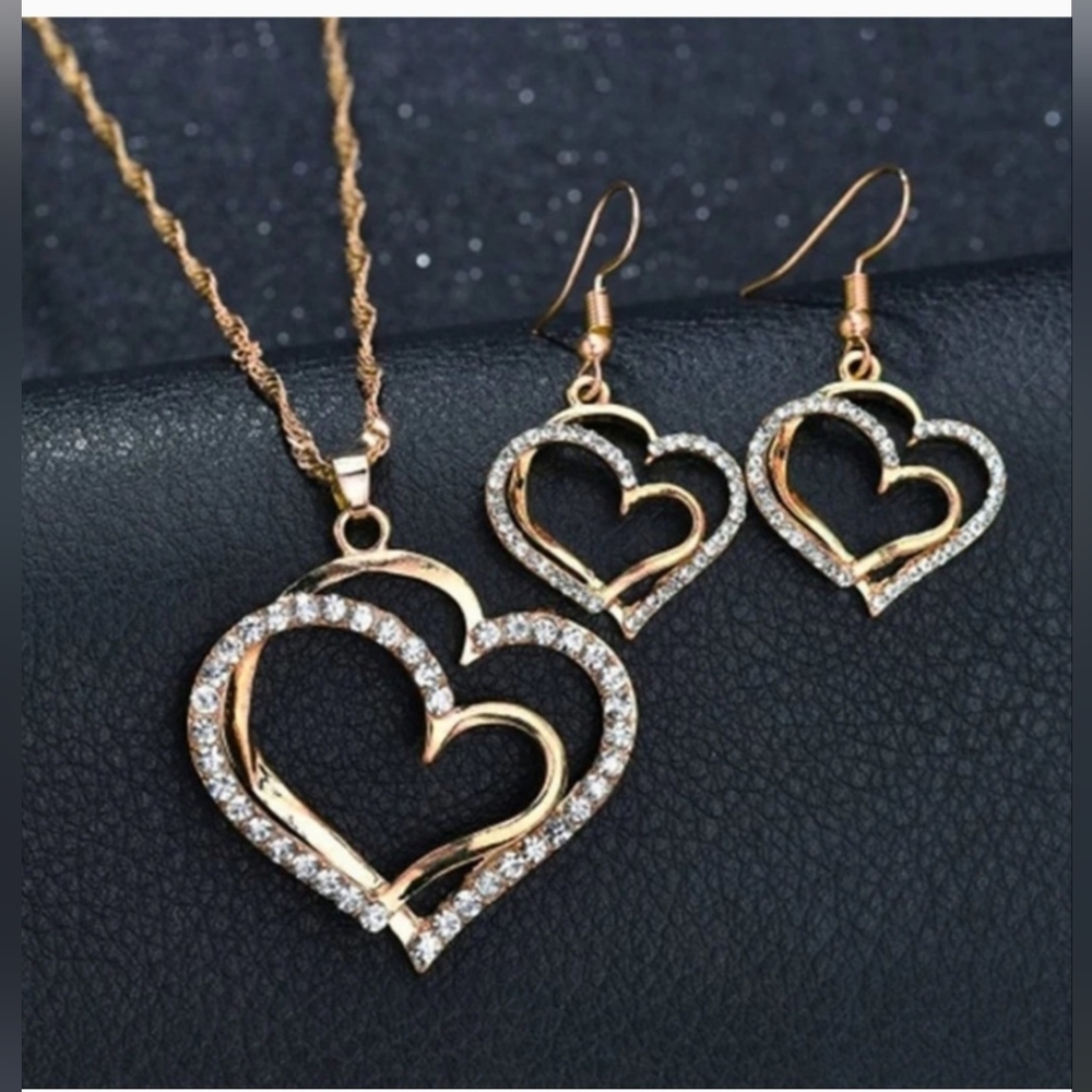 3 Piece Cubic Zirconia Gold Heart Necklace & Earring Set
